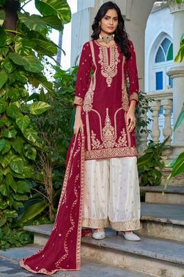 Maroon chinon heavy embroidery with sequins work top palazzo suit 1