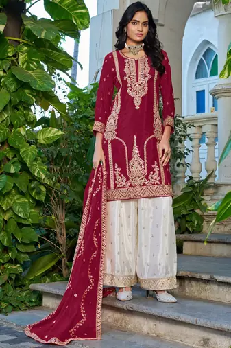 Maroon chinon heavy embroidery with sequins work top palazzo suit
