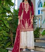 Maroon chinon heavy embroidery with sequins work top palazzo suit