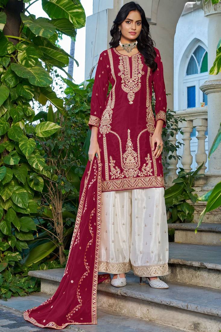 Maroon chinon heavy embroidery with sequins work top palazzo suit