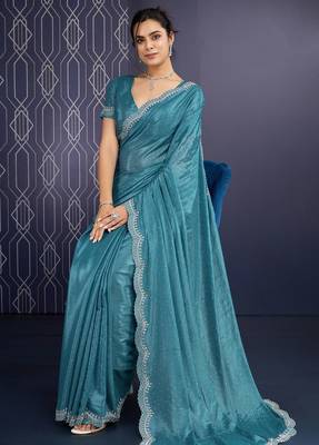 teal blue ice georgette zarkan diamond handwork with cut work saree with blouse 2