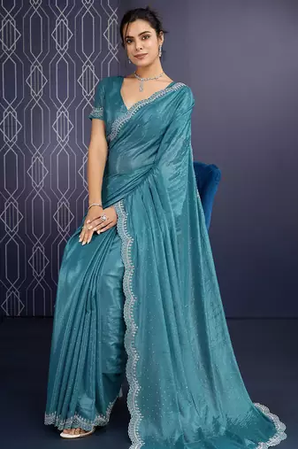 teal blue ice georgette zarkan diamond handwork with cut work saree with blouse
