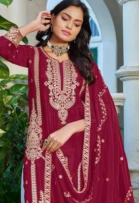 Maroon chinon heavy embroidery with sequins work top palazzo suit 2