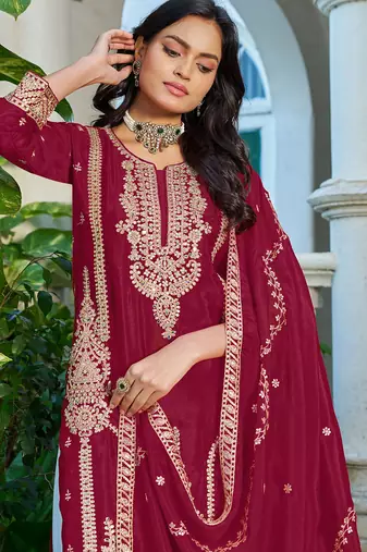 Maroon chinon heavy embroidery with sequins work top palazzo suit