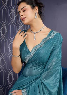 teal blue ice georgette zarkan diamond handwork with cut work saree with blouse 3