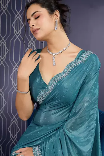 teal blue ice georgette zarkan diamond handwork with cut work saree with blouse
