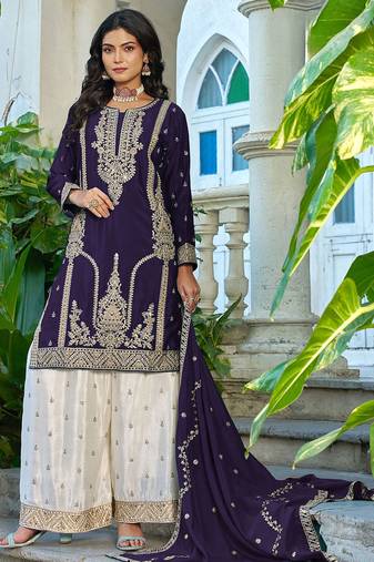 Purple chinon heavy embroidery with sequins work top palazzo suit