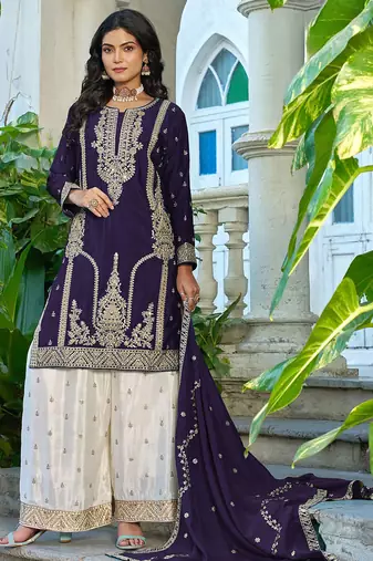 Purple chinon heavy embroidery with sequins work top palazzo suit
