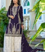 Purple chinon heavy embroidery with sequins work top palazzo suit