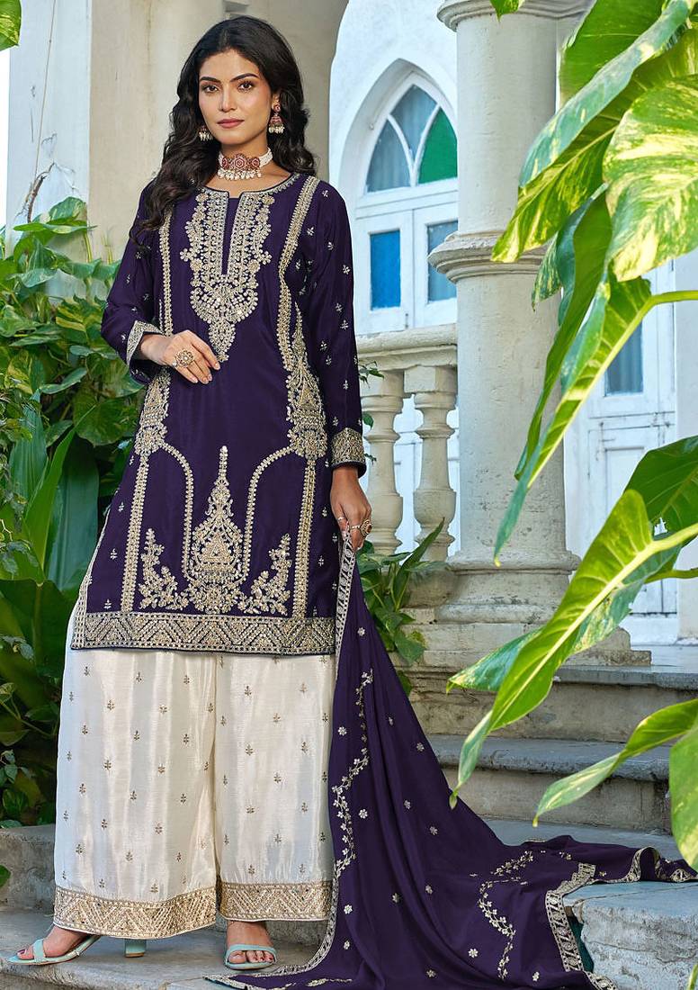 Purple chinon heavy embroidery with sequins work top palazzo suit