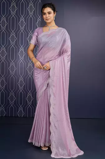 pink ice georgette zarkan diamond handwork with cut work saree with blouse