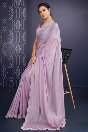 pink ice georgette zarkan diamond handwork with cut work saree with blouse