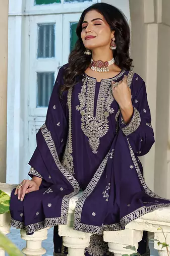 Purple chinon heavy embroidery with sequins work top palazzo suit