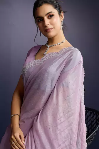 pink ice georgette zarkan diamond handwork with cut work saree with blouse