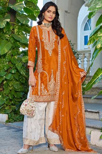Orange chinon heavy embroidery with sequins work top palazzo suit