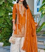 Orange chinon heavy embroidery with sequins work top palazzo suit