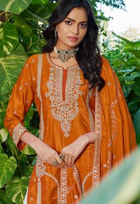 Orange chinon heavy embroidery with sequins work top palazzo suit 2