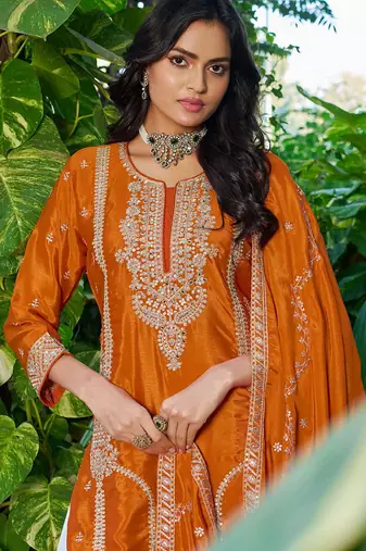 Orange chinon heavy embroidery with sequins work top palazzo suit