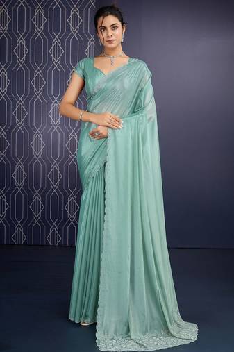 sea green ice georgette zarkan diamond handwork with cut border work saree with blouse