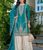 Teal chinon heavy embroidery with sequins work top palazzo suit