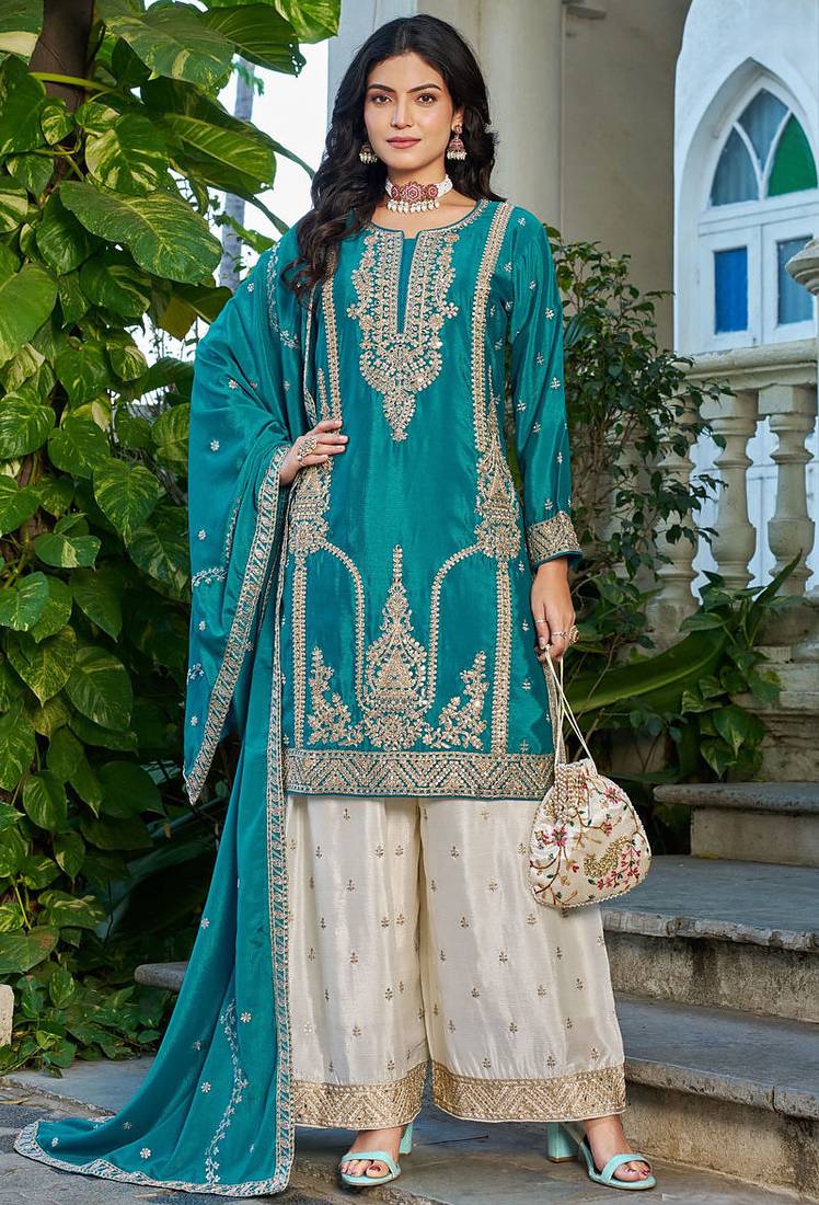 Teal chinon heavy embroidery with sequins work top palazzo suit