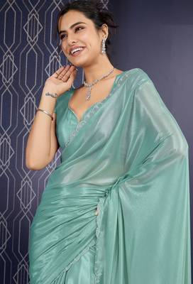 sea green ice georgette zarkan diamond handwork with cut border work saree with blouse 2