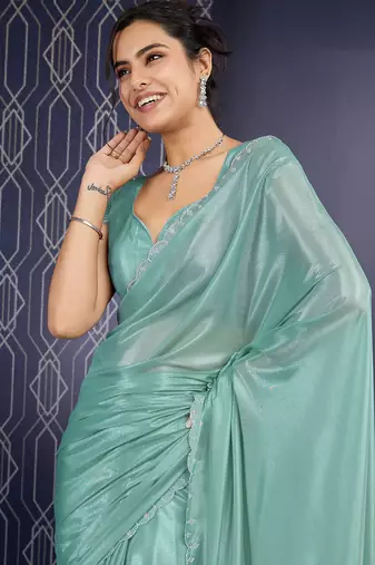 sea green ice georgette zarkan diamond handwork with cut border work saree with blouse