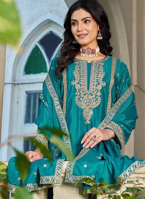 Teal chinon heavy embroidery with sequins work top palazzo suit 2