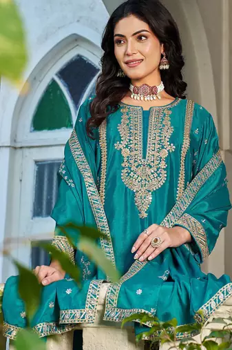Teal chinon heavy embroidery with sequins work top palazzo suit