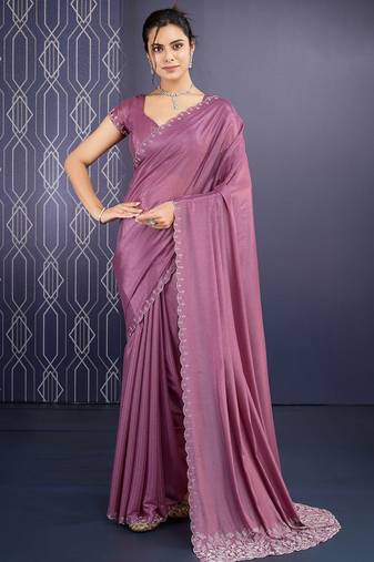mauve ice georgette zarkan diamond handwork with cut border work saree with blouse