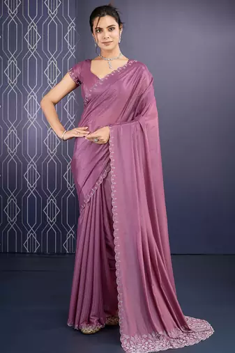 mauve ice georgette zarkan diamond handwork with cut border work saree with blouse