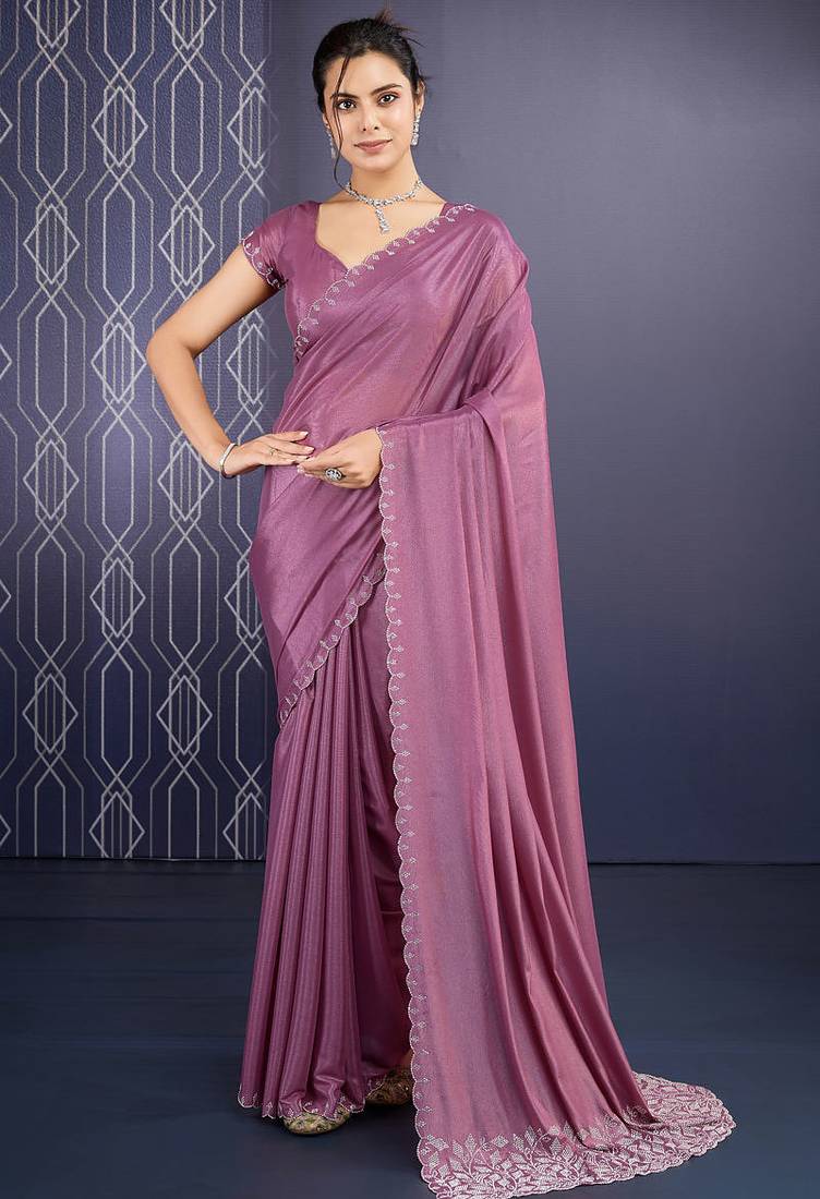 mauve ice georgette zarkan diamond handwork with cut border work saree with blouse