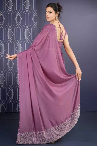 mauve ice georgette zarkan diamond handwork with cut border work saree with blouse