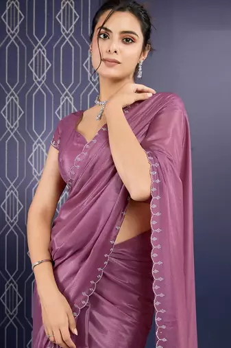 mauve ice georgette zarkan diamond handwork with cut border work saree with blouse