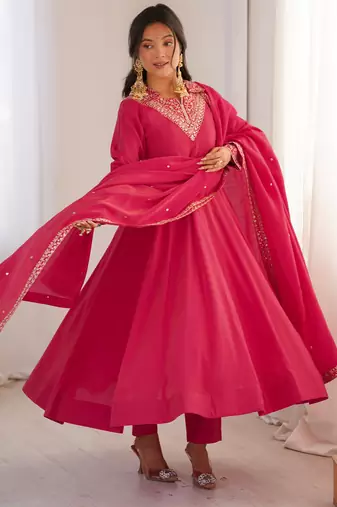 Rani pink embroidered sequin silk gown with pant and dupatta