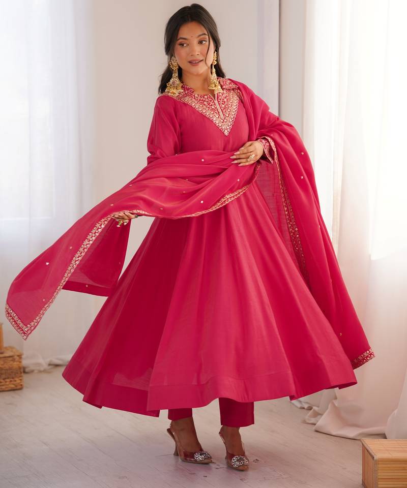 Heavy silk embroidery seqeunce  work rani pink readymade ethnic gown