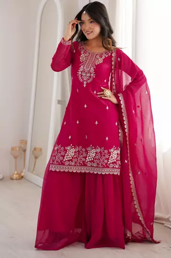 Heavy silk embroidery seqeunce  work rani pink readymade salwar suit