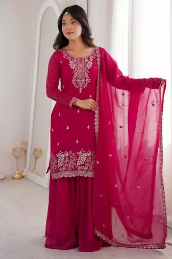 Heavy silk embroidery seqeunce  work rani pink readymade salwar suit
