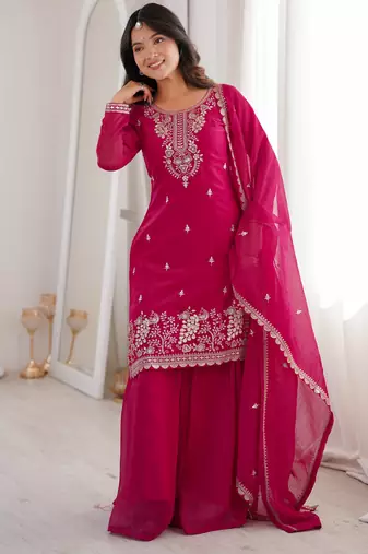 Heavy silk embroidery seqeunce  work rani pink readymade salwar suit