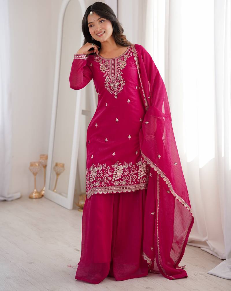 Heavy silk embroidery seqeunce  work rani pink readymade salwar suit