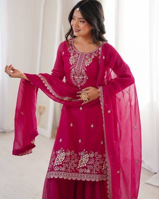Heavy silk embroidery seqeunce  work rani pink readymade salwar suit 4