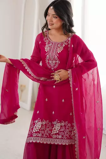 Heavy silk embroidery seqeunce  work rani pink readymade salwar suit