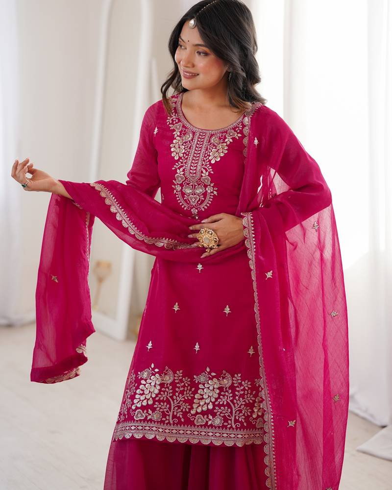 Heavy silk embroidery seqeunce  work rani pink readymade salwar suit