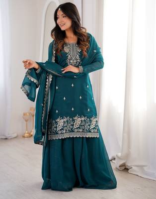 Heavy silk embroidery seqeunce  work tealblue readymade salwar suit 1