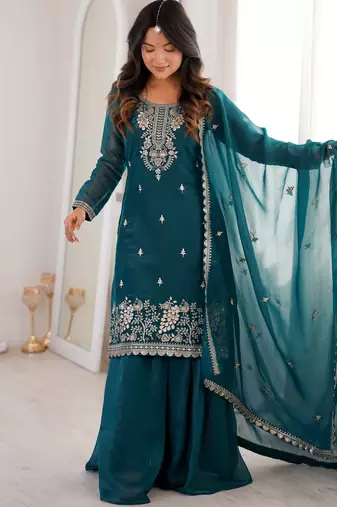 Heavy silk embroidery seqeunce  work tealblue readymade salwar suit