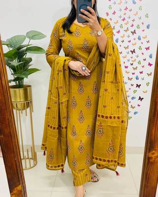 Musturd Yellow Sequence & Embroidery Work Cotton Kurti Pant Dupatta Salwar Kameez 1