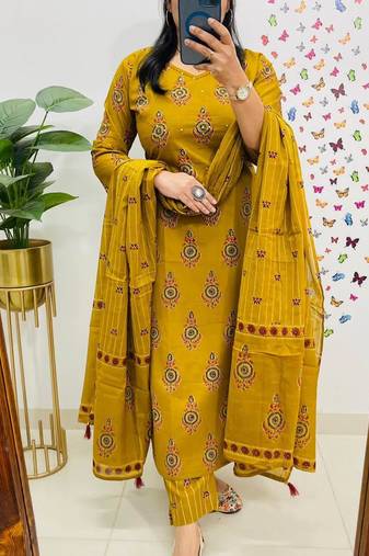 Musturd Yellow Sequence & Embroidery Work Cotton Kurti Pant Dupatta Salwar Kameez