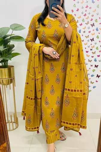 Musturd Yellow Sequence & Embroidery Work Cotton Kurti Pant Dupatta Salwar Kameez