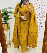 Musturd Yellow Sequence & Embroidery Work Cotton Kurti Pant Dupatta Salwar Kameez