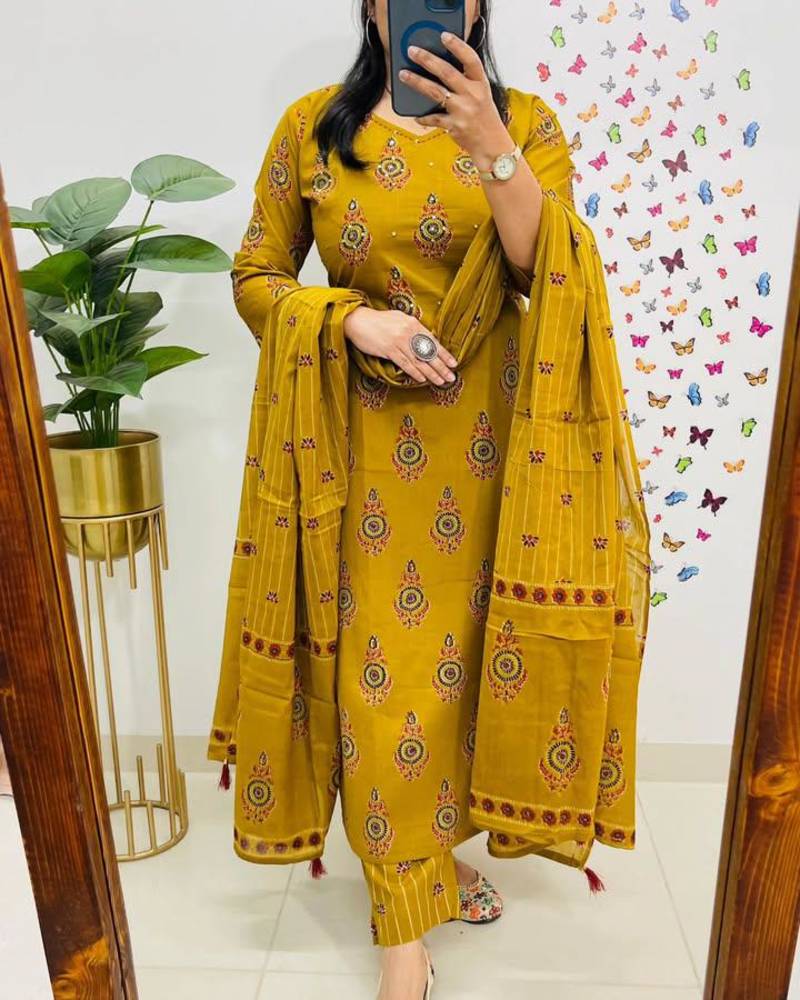 Musturd Yellow Sequence & Embroidery Work Cotton Kurti Pant Dupatta Salwar Kameez